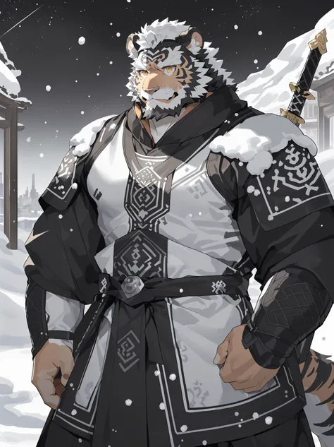 (white skintiger),(黑白阴阳general古代战袍),(Holding a long sword),Powerful posture,Standing calmly,(The background is a city covered with ice and snow:1.2),(abdominal muscles),heroic posture飒爽,完美的masterpiece,Various facial details,distance perspective,specific de...