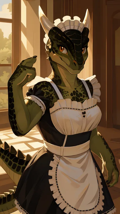 anime, hdr, soft light, ((best quality)), ((masterpiece)), (detailed), lustyargonian, maid, colored skin, green skin, maid headd...