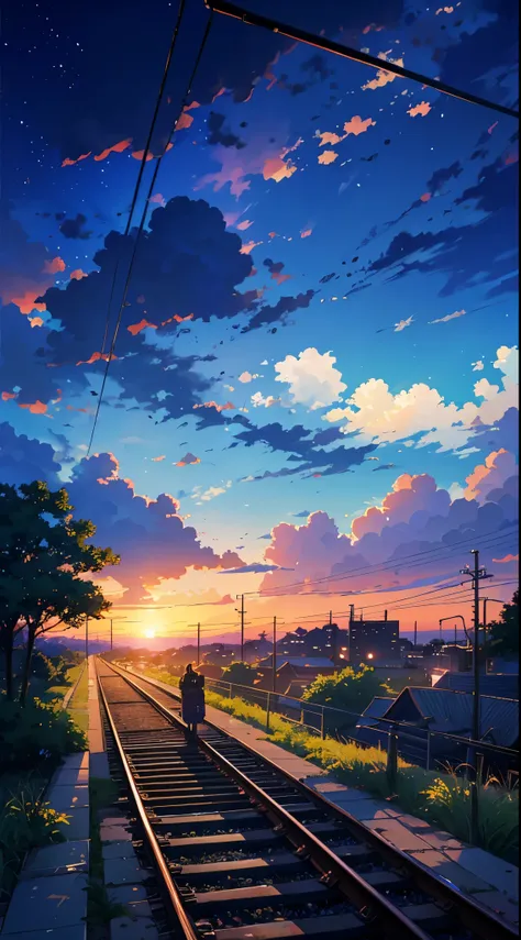 a train track with a sunset in the background, anime. by makoto shinkai, cosmic skies. by makoto shinkai, makoto shinkai art sty...