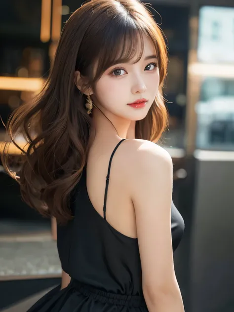 Looking back、strong light on hair、mini skirt、cabaret club、silk dress、Angle of view for bust up、beautiful shoulders、zoom out、soft curl hairstyle、high resolution、thin waist、high tone hair color、korean idol、realistic eyes、beautiful eyelashes、High resolutionの顔...