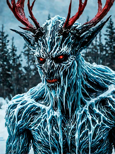 wendigo, a close-up portrait of a character made out of ice|fire. red and blue colors dominate the composition. frozen wasteland...