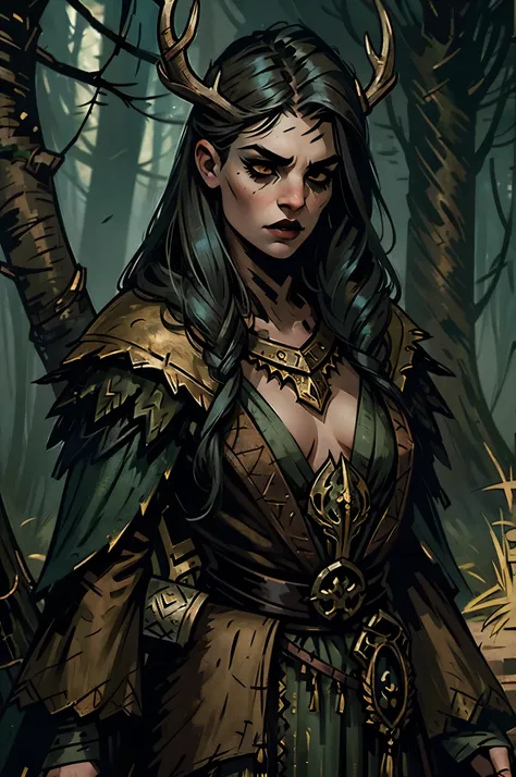Dark Fantasy, Gloomy forest, Attractive young girl, The Forest Witch, golden eyes, Black Eye Makeup, black tattoos on the face, branches in the hair that look like deer antlers, feathers in hair, dark shabby clothes, Celtic patterns on the body, Beautiful ...