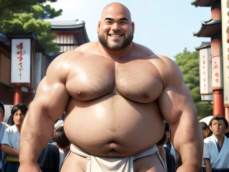 (highest quality:1.5), (masterpiece:1.5), In town, noon, (Japanese:1.2), bald hair, [short beard:0.9], hot guy, macho, (huge body:1.5), (fat:1.4), 45 years old, (white loincloth:1.1), smiling with teeth showing, large crowd of people々