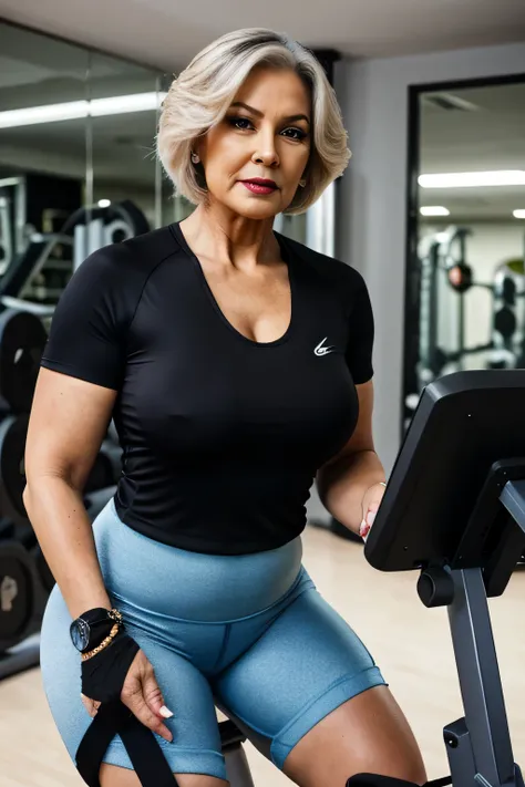 gordo, uma linda mulher de 70 anoaduro), ((wearing a cute gym outfit)), Shorts de lycra, Realista, Gordinho, rosto liso, Olhos perfeitos, symmetrical, 8K high definition, incrivelmente detalhado, intricado, elegante, arte de David Kostic e Stanley Lau e Ar...