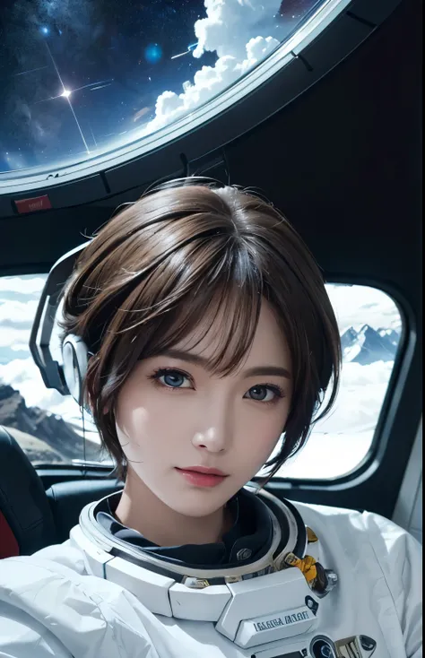 highest quality、masterpiece、ultra high resolution、(real:1.4)、Beautiful woman１、Beautiful details of eyes and skin、light brown short cut hair、perfect space suit、spaceship、macrocosm、Remains、rocky mountain、cloudy sky、