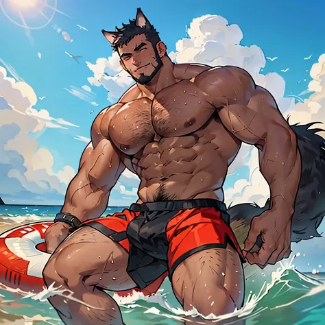 (4k resolution, realistic), bara, lifeguard, man with bread, half-wolf half-human, human appearance with wolf ears and tail, shi...