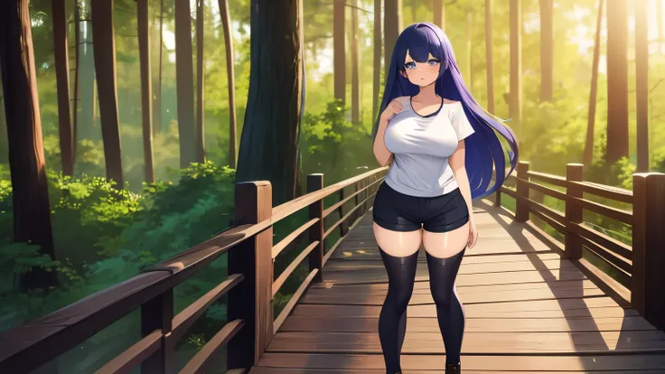 1girl, solo, long hair, looking at viewer, blue eyes, nervous, large breast, thick thighs, beautiful face, beautiful eyes, white t shirt, black tight shorts, blush, blue hair, long hair, purple stockings, parted lips, forest, standing on a wooden bridge, s...