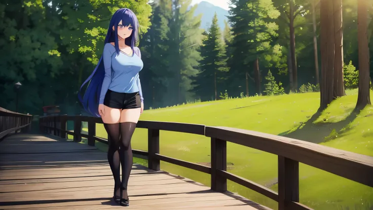 1girl, solo, long hair, looking at viewer, blue eyes, nervous, large breast, thick thighs, beautiful face, beautiful eyes, blue shirt, black tight shorts, blush, blue hair, long hair, purple stockings, parted lips, forest, standing on a wooden bridge, sun ...