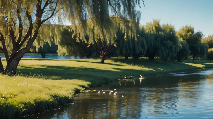 A pair of ducks swimming in a tranquil river, with willow trees swaying in the breeze along the banks.