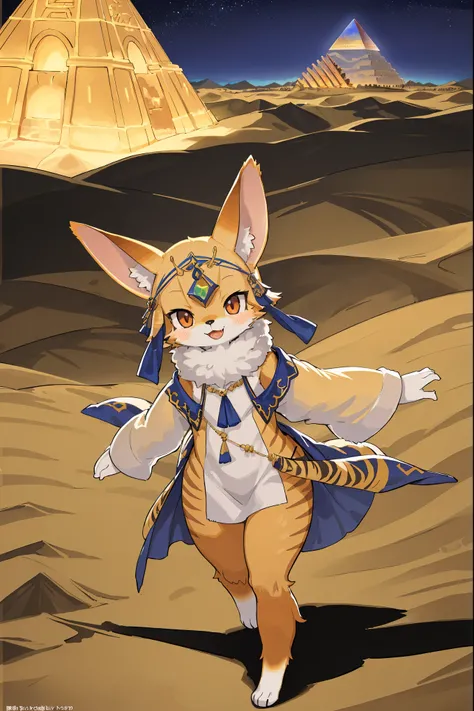 High-quality illustrations, masterpiece, absurdres, super high resolution, detailed background, desert, sand dunes, pyramid, Traditional costumes, Happy, joyful, Relux(Travel photos)perfect anatomy(kemono, furry anthro, National clothing)cinematic lighting...