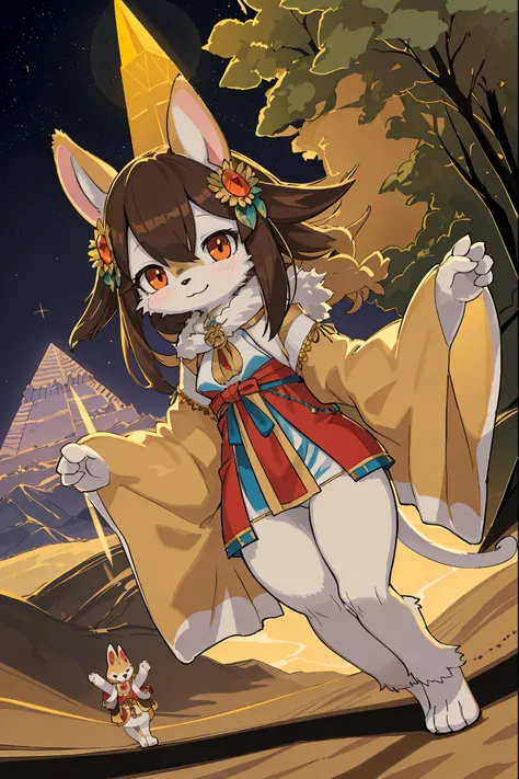 High-quality illustrations, masterpiece, absurdres, super high resolution, detailed background, desert, sand dunes, pyramid, Traditional costumes, Happy, joyful, Relux(Travel photos)perfect anatomy(kemono, furry anthro, National clothing)cinematic lighting...