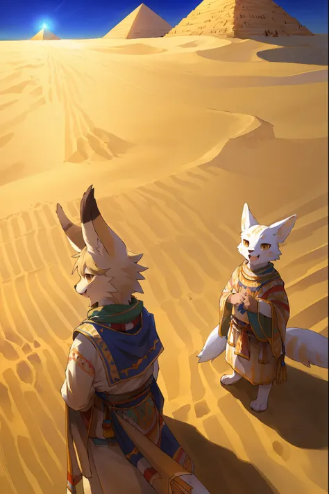 High-quality illustrations, masterpiece, absurdres, super high resolution, detailed background, desert, sand dunes, pyramid, Traditional costumes, Happy, joyful, Relux(Travel photos)perfect anatomy(kemono, furry anthro, National clothing)cinematic lighting...