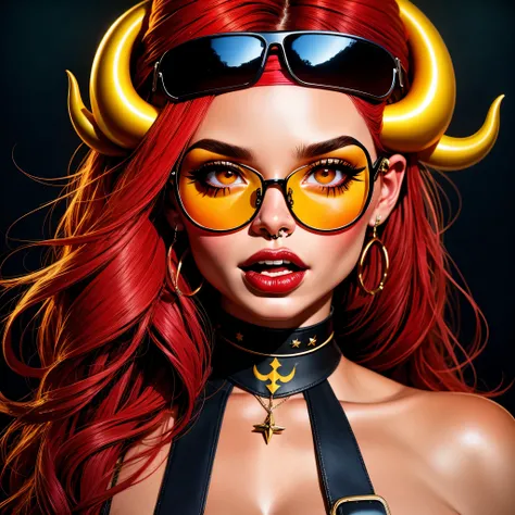 by Bruno Ferreira, a woman with red hair and yellow glasses with horns on her head, wearing a black choker, open mouth ,