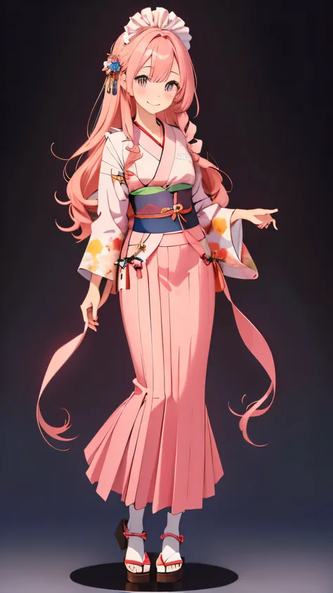 (最high quality, table top: 1.2), (anime style, comic core: 1.1), 1 girl, cute style, adorable, fine eyes, detailed face, thin, About the hips, 8k, solve, kimono, masterpiece, high quality, 1 girl, ((((whole body))))), Are standing, pink long hair, curly ha...