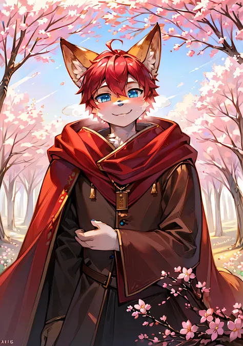 (
Painting style tags: Lovely / pink, 
Light and shadow label: soft light,  
scene tag: grassland/trees, 
character label: fox, 
Character description: furry tail, blue eyes, Silky red hair, red cloak, charming smile, 
Background label: riverside, white fl...