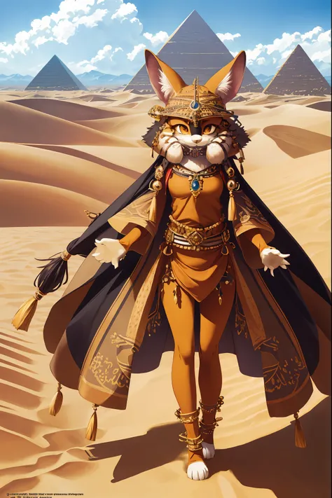 High-quality illustrations, masterpiece, absurdres, super high resolution, detailed background, desert, sand dunes, pyramid, Traditional costumes, Happy, joyful, Relux(Travel photos)perfect anatomy(kemono, furry anthro, National clothing)cinematic lighting...