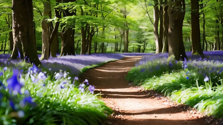 A winding pathway through a forest carpeted with bluebells, creating a magical atmosphere.