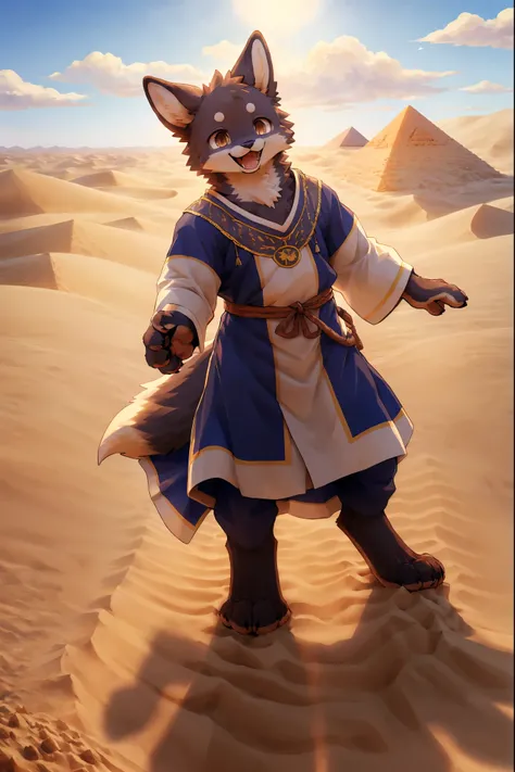 High-quality illustrations, masterpiece, absurdres, super high resolution, detailed background, desert, sand dunes, pyramid, Traditional costumes, Happy, joyful, Relux(Travel photos)perfect anatomy(kemono, furry anthro, National clothing)cinematic lighting...