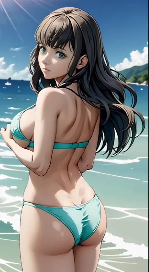 (obra maestra, Vibrante escena de playa:1.2), (fubuki:1.5) , (Enjoying a sunny day:1.1), (con un bikini blanco de tanga:1.4), (Well-endowed bust and curvilinear melt:1.4) , (cuerpo proporcional a pesar de su baja estatura:1.1), (Photograph taken from behin...