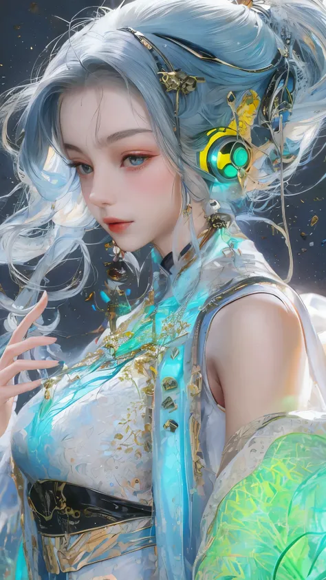 Tang suit，Chinese Hanfu，a image of a woman wearing colorful robot tech, in the style of free-flowing surrealism, shiny/glossy, precise and lifelike, hard surface modeling, precisionist lines, light silver and azure, engineering/construction and design，Lumi...