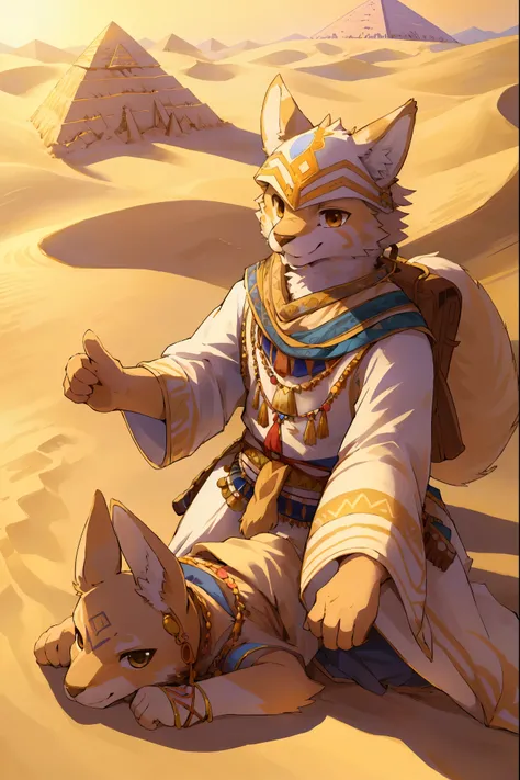 High-quality illustrations, masterpiece, absurdres, super high resolution, detailed background, desert, sand dunes, pyramid, oasis,Traditional costumes, Happy, joyful, Relux(Travel photos)perfect anatomy(kemono, furry anthro, National clothing)cinematic li...