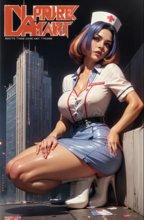 (Masterpiece, Best Quality), 8k Wallpaper, highly detailed, poster, vintage sci-fi film, 1960s, a magazine cover with sexy giant nurse towering over a tiny city, a portrait by Paul Kane, cinematic movie poster, perfect face, colorful hair, Attack of the 50...