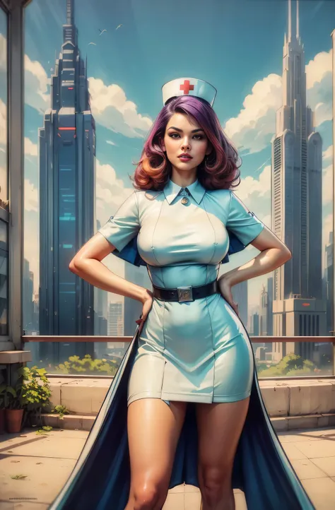 (Masterpiece, Best Quality), 8k Wallpaper, highly detailed, poster, vintage sci-fi film, 1960s, a magazine cover with sexy giant nurse towering over a tiny city, a portrait by Paul Kane, cinematic movie poster, perfect face, colorful hair, Attack of the 50...