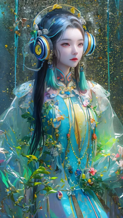 Tang suit，Chinese Hanfu，a image of a woman wearing colorful robot tech, in the style of free-flowing surrealism, shiny/glossy, precise and lifelike, hard surface modeling, precisionist lines, light silver and azure, engineering/construction and design，Lumi...