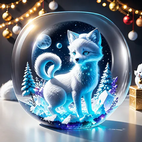 (la best quality,high resolution,super detailed,actual)，arctic fox formed from jelly，snow，in the room，christmas decoration，surro...