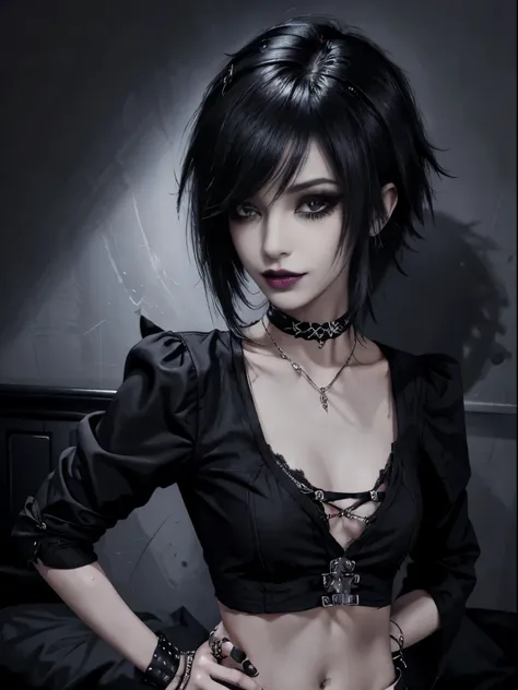 1girl, woman, emo_hairstyle, black lipstick, smug, grin, hands on hip, choker, spike cuffs, eyeliner, eye shadow, mascara, smoky...