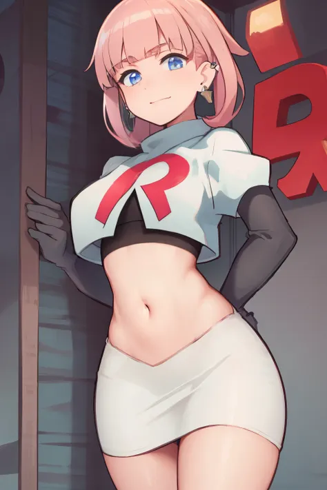 (extremely detailed CG), (best quality), perfect face, shiny skin, lustrous skin, 1girl,solo   narrow waist,  wide hips, mollie, pink hair, bangs, blunt bangs, earrings, jewelry, blue eyes, short hair, piercing,ear piercing, hairband,team rocket,team rocke...