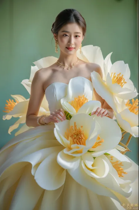 arafed woman in a white dress with large flowers on her dress, inspired by liu haisu, made of silk paper, robe. extremely high d...