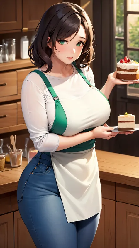 1 Girl, MILF, large breasts, curvy body, white shirt and wearing a green apron, jeans, in the shop, bringing a cake order with a sad expression 