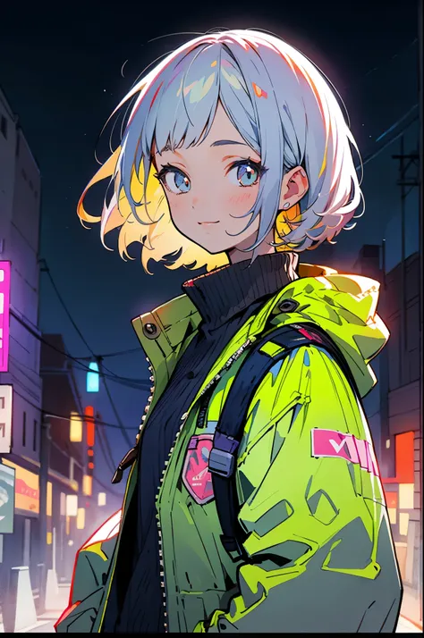 masterpiece, highest quality, 1 girl, city pop, night, look at something else, Upper body, Vector illustration, Jacket, light smile, Brantbang, hair length, Lofiato, matte texture