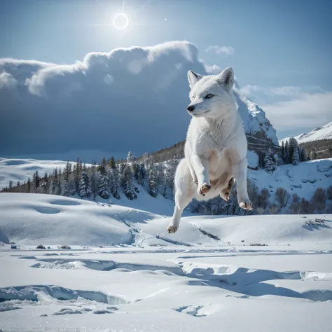 (best quality,ultra-detailed),arctic fox,deep snow,chases,mouse,quick movements,fluffy tail,sharp teeth,intense gaze,white fur,icy blue eyes,freezing wind,subzero temperatures,snow-covered landscape,northern lights,glowing moonlight,harsh winter,icy breath...