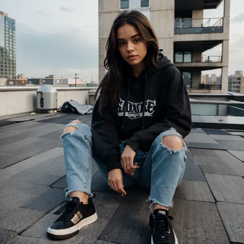 woman at a rooftop wearing ripped wide jeans and sneakers and black hoody.