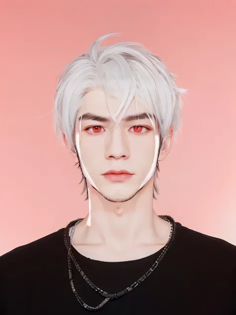 guy, white top hair, black short mullet, fire red pupils, black outer shirt, white inner shirt, thin neck chain, double eyelids, asian