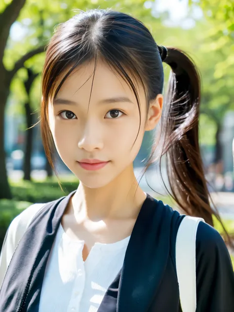 Photoreal, 8K full-length portrait, Beautiful woman, ponytail, attractive look, Clear system, 16 years old, Tokyo, spring, Shibuya in the background