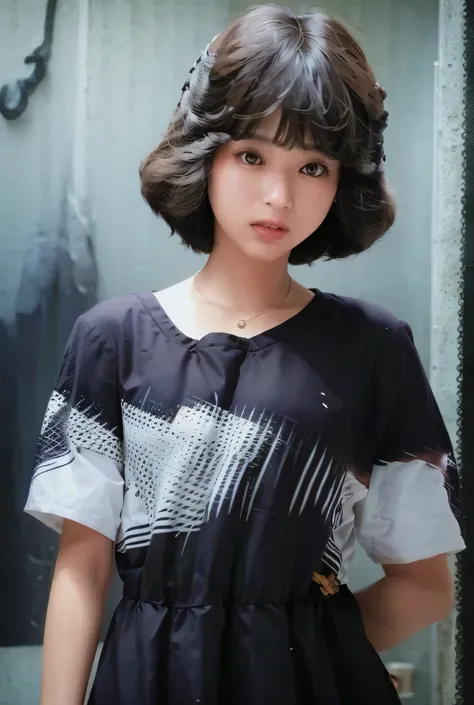 (masterpiece, realistic, ultra high resolution, high quality:1.2), 1 girl, (young),(no makeup), casual clothes, black short hair, portrait, (whole body) , 80&#39;Style , dynamic pose, studio, (seikomatsuda:1.2)