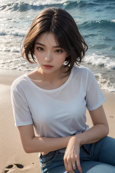 Upper body close-up image。Sitting on the beach、Beautiful woman painting a sea painting。dark brown hair。Wearing short sleeves and jeans。twenties。