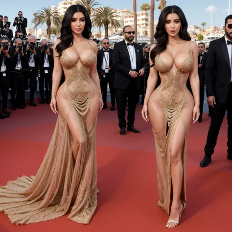 beautiful Arab woman, 25 years old, wearing a sexy elaborate dress, skirt, red carpet on a cannes movie premiere, intricate details, happy, lipstick, Kim k body, k-cup breasts