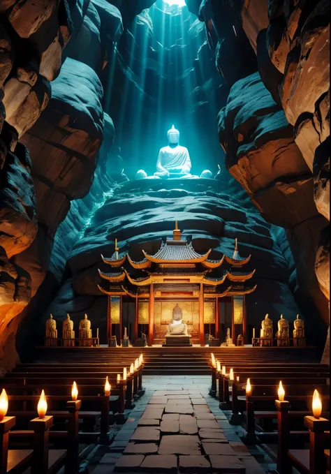 In this 3d rendering, a birds-eye view unveils the enigmatic depths of an ancient Chinese cave. The caves walls are adorned with a breathtaking collection of over a hundred Chinese Buddha statues, each one distinctly posed in worship or repose. The most pr...