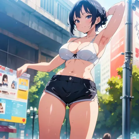 (masterpiece, best quality, high resolution, animescreencap, anime colored,), (perfect anatomy, beautiful detailed eyes, beautiful detailed body, beautiful breast, shiny skin), 1girl, solo, black hair,large breasts, smiling, black eyes,armpits, looking at ...