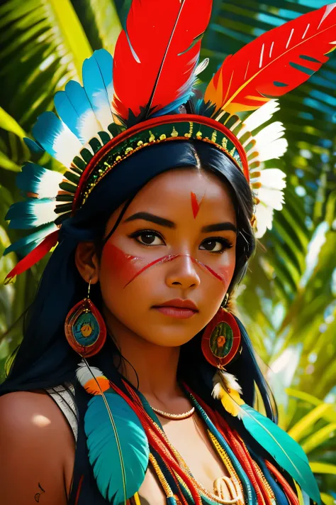 sfw. ((raw photo, best quality)), (realistic, photo-realistic:1.4). a beautiful indigenous girl in native dress with feathers an...