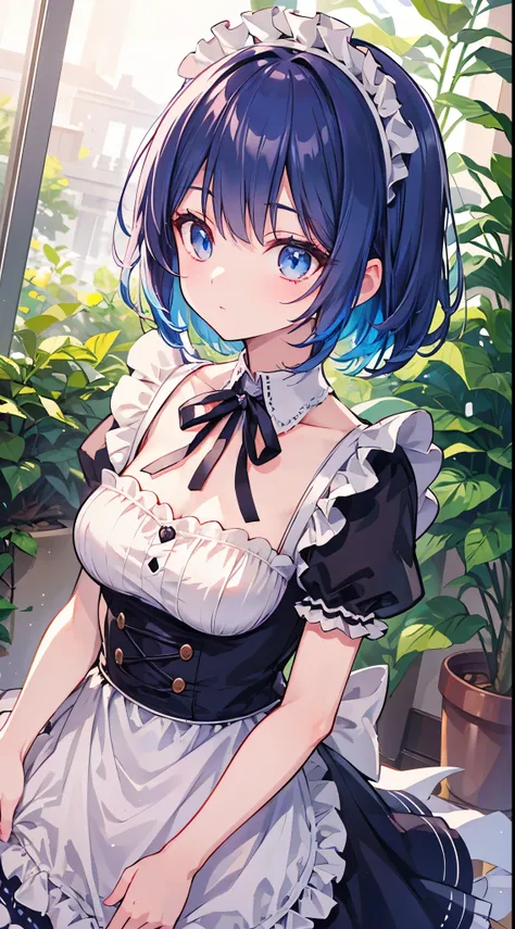 ultra-detailed, vibrant colors, soft natural lighting, fine art, bokeh effect. upper body, frilled maid outfit, dutch angle