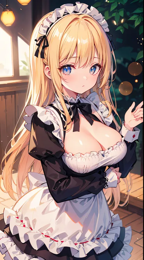 ultra-detailed, vibrant colors, soft natural lighting, fine art, bokeh effect. upper body, frilled maid outfit, dutch angle