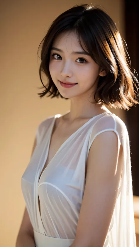 masterpiece，highest quality，Highly detailed CG Unity 8k wallpaper，18 year old girl,simple background,very delicate and beautiful，超High resolution，（realistic：1.4），golden hour lighting，（Upper body），（platinum short hair：0.8），（puffy eyes），looking at the viewer...