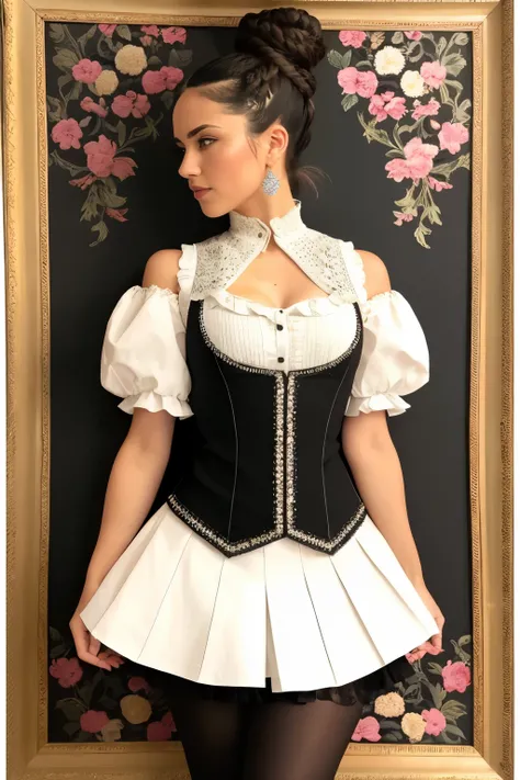 A stunningly beautiful woman adorns herself in a gorgeously embroidered collared vest, complete with a lavish shoulder cape. Beneath this, a ruffled white shirt peeks out, complementing the intricate details of the vest. The vest features an asymmetrical m...