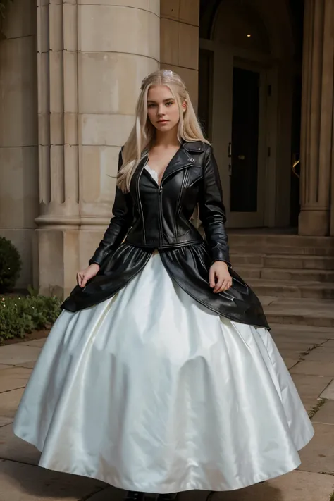 A full body image of a realistic American 16 year old girl named Felicia Hardy with platinum blonde hair and green eyes wearing a long wedding ball gown with a puffy petticoat with a black leather jacket 