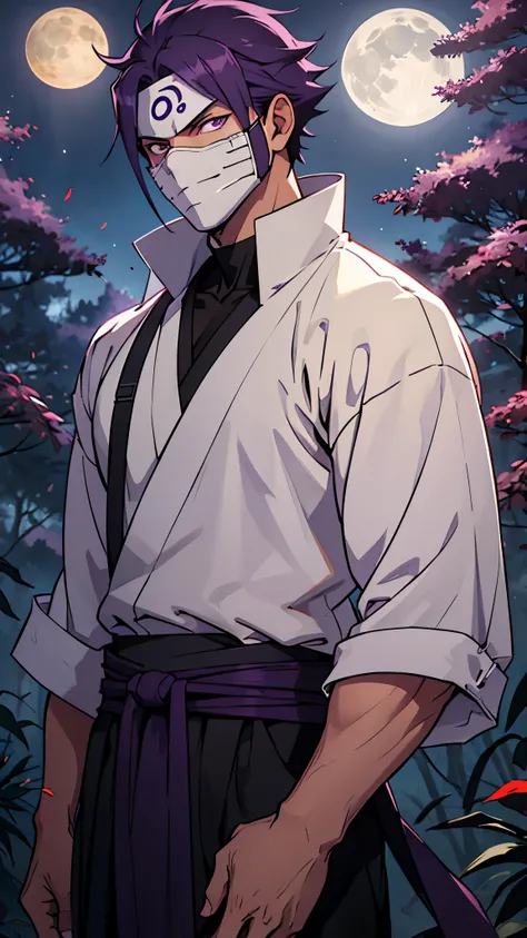 I want a strong, stylish, tall man who masters fire, wearing a anbu mask, with very light purple Byakugan eyes, short dark hair, outdoors, night, forest, trees, dappled moonlight, falling leaves, looking camera, smirk, aura fire